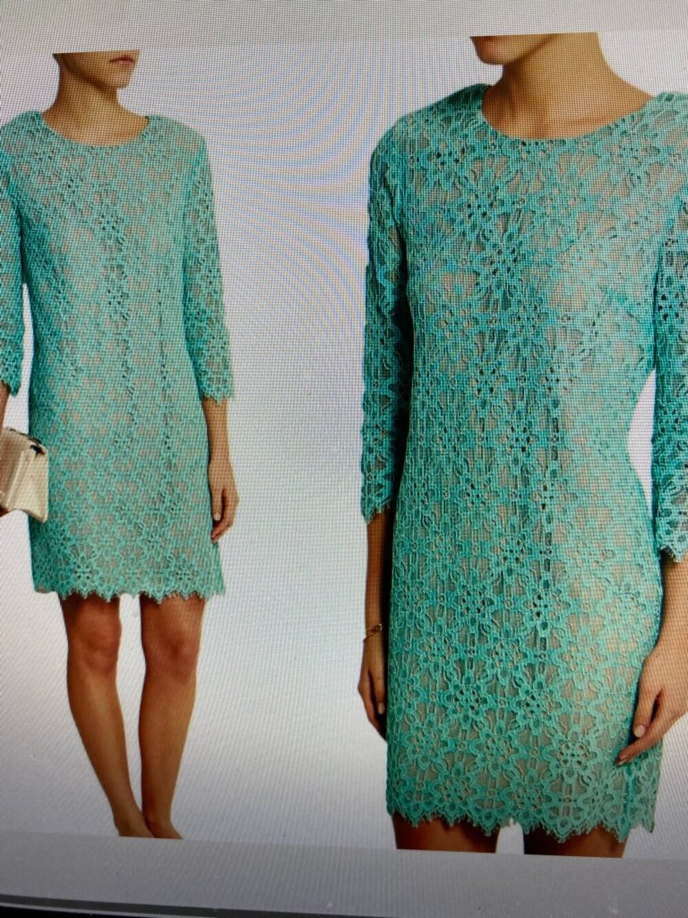 DKNY Teal 3/4 Sleeve Lace Dress with Nude Overlay - Size 2